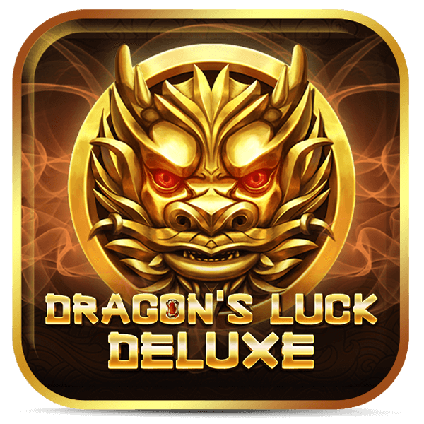 Logo do jogo Dragon's Luck Deluxe apresentando máscara de dragão dourado com olhos brilhantes em fundo marrom.