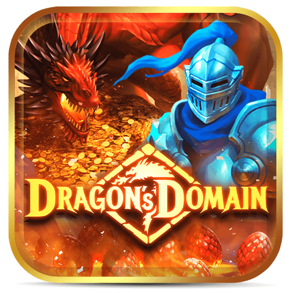 Logo do jogo Dragon's Domain mostrando cavaleiro azul enfrentando dragão vermelho em covil repleto de tesouros.