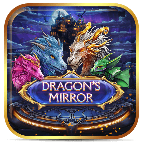 Logo do jogo Dragon's Mirror com quatro dragões coloridos ao redor de espelho mágico e castelo sombrio ao fundo.