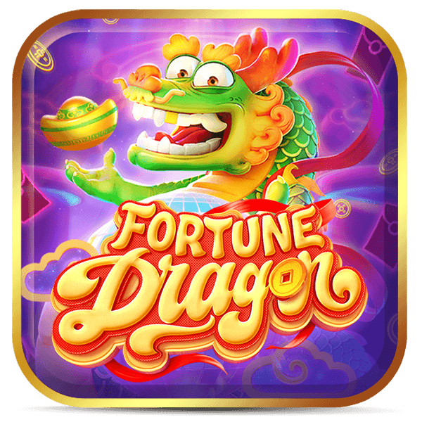 Logo do jogo Fortune Dragon com dragão verde e dourado segurando moeda da sorte em fundo roxo vibrante