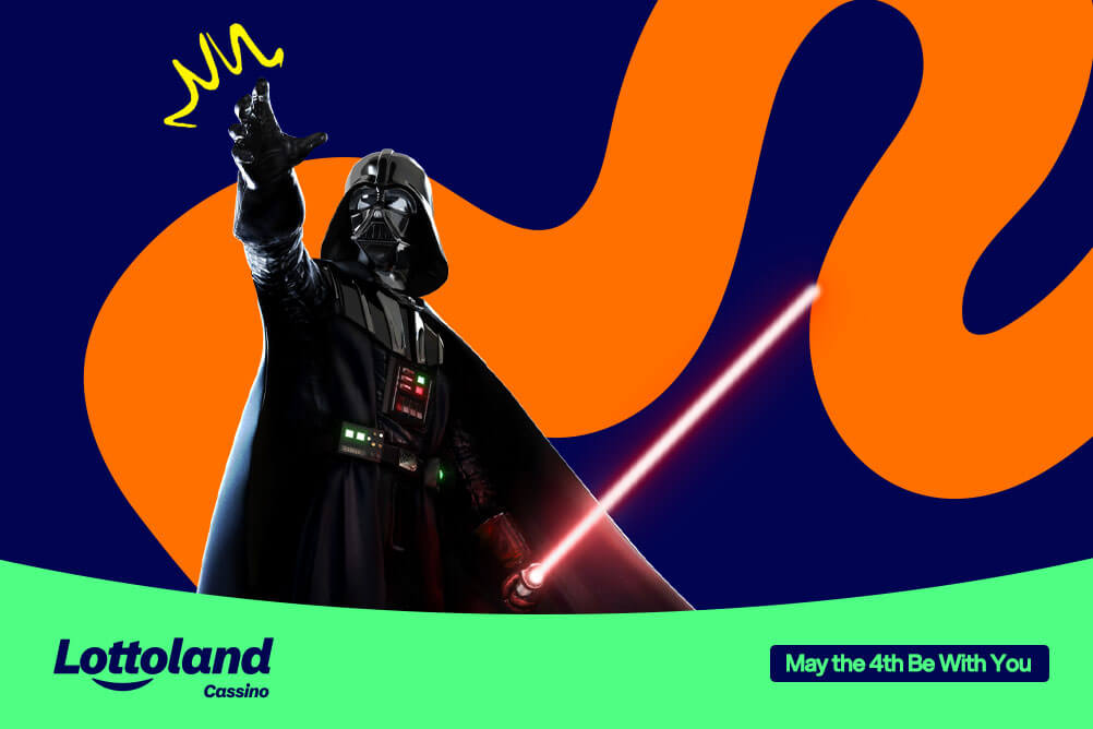 Darth Vader com sabre vermelho sob fundo laranja e azul. Lottoland Cassino explica o significado da data de 4 de maio e apresenta slots sci-fi.