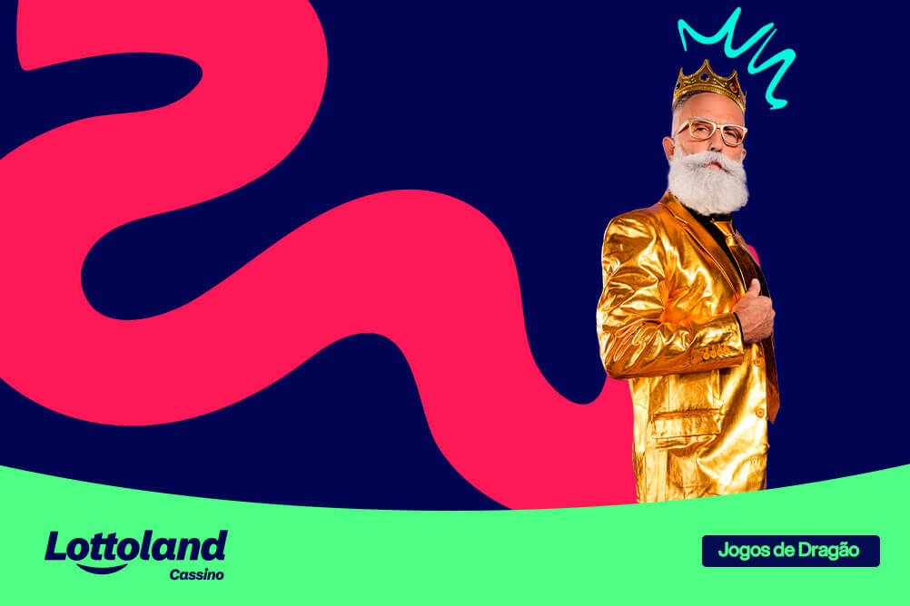 Senhor de idade vestido de dourado, usando uma coroa sobre fundo azul e rosa. Lottoland Cassino apresenta slots inspirados em HOTD.