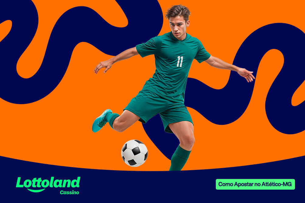 Jogador de futebol, chutando bola, sobre fundo laranja e azul. Lottoland Cassino apresenta como apostar no Galo com a Lottoland Esportes.