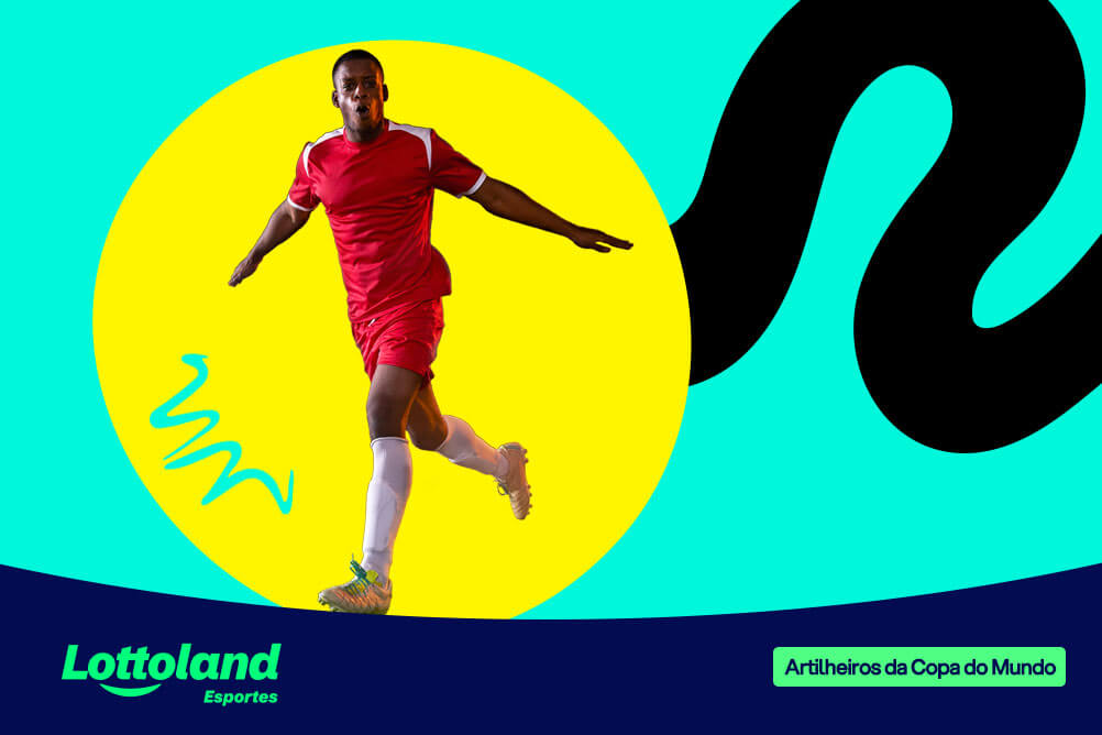 Jogador de futebol correndo sobre fundo azul, amarelo e preto. Lottoland Esportes apresenta os maiores artilheiros da Copa do Mundo.