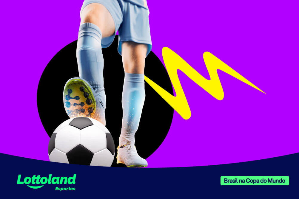 Jogador de futebol em uniforme azul conduzindo a bola em gráfico roxo da Lottoland Esportes com banner "Brasil na Copa do Mundo"