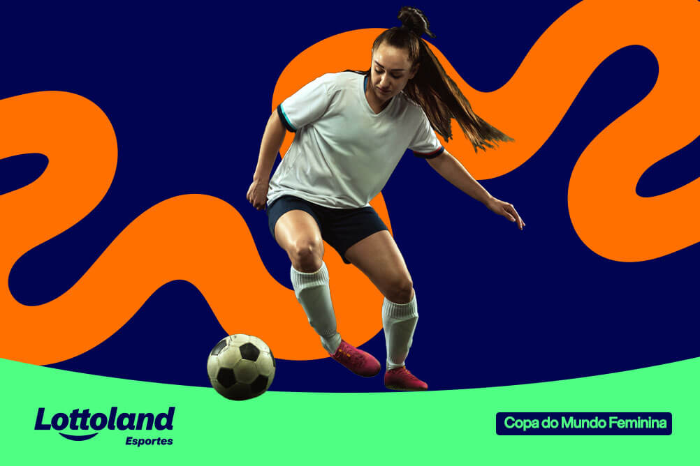 Jogadora de futebol sob fundo azul e laranja. Lottoland Esportes apresenta mercados, odds e dicas para apostar na Copa do Mundo Feminina.
