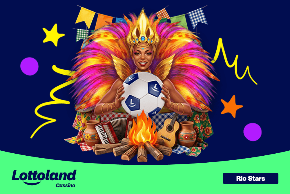 Passista segurando uma bola de futebol em fundo azul decorado de banderolas da Festa de São João. Lottoland Cassino apresenta slots temáticos de Festa Junina.