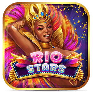 Passista usando fantasia cheia de penas rosas e douradas, letreiro iluminado com o título Rio Stars.