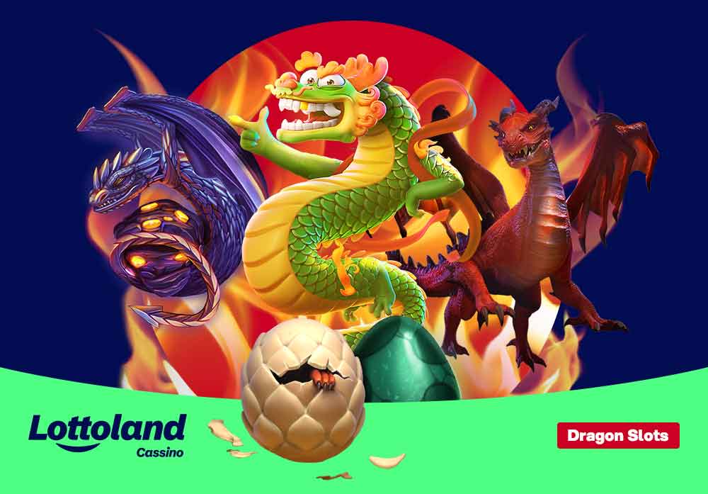 Capa do conteúdo da Lottoland Casino Dragon Slots com dragões coloridos, ovos brilhantes e efeitos de fogo em fundo azul escuro.