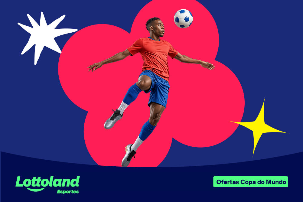 Jogador de futebol no ar, com bola, em arte promocional colorida da Lottoland Esportes para a Copa do Mundo. Ofertas na Copa.