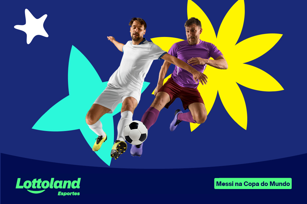 Dois jogadores de futebol em disputa pela bola, um em uniforme branco e outro em uniforme roxo, com fundo azul decorado com estrelas e flores coloridas. Logotipo Lottoland Esportes e Messi na Copa do Mundo.