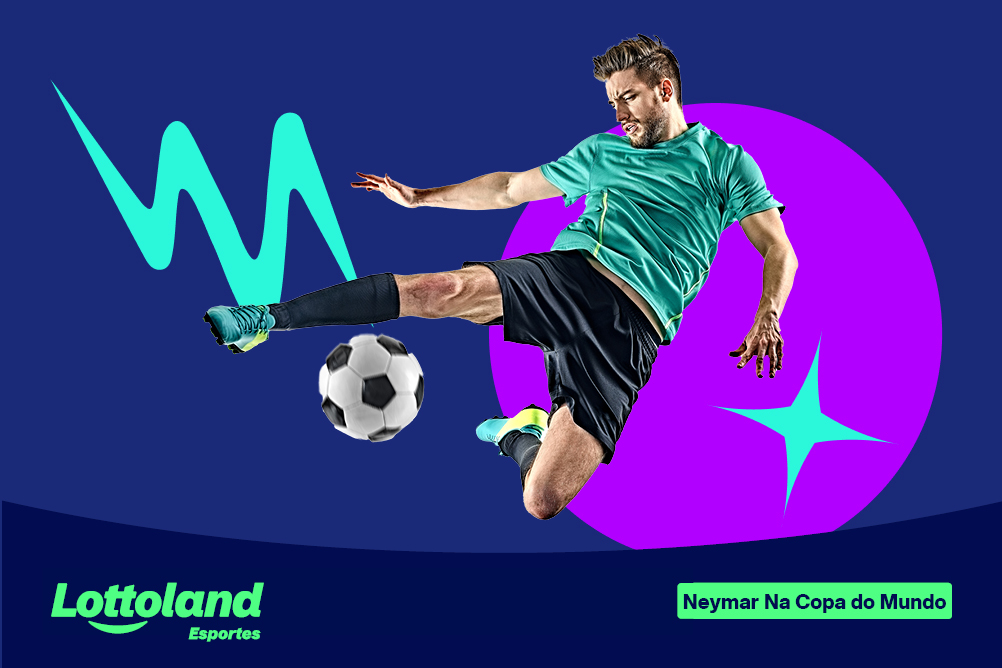 Jogador de futebol chutando uma bola com a mensagem "Neymar na Copa do Mundo" e a marca Lottoland Esportes.