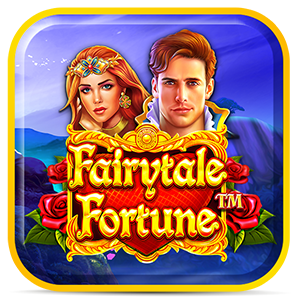 Logo do jogo Fairytale Fortune com um príncipe e uma princesa lado a lado, e o título do jogo em fonte dourada cercado de rosas vermelhas.