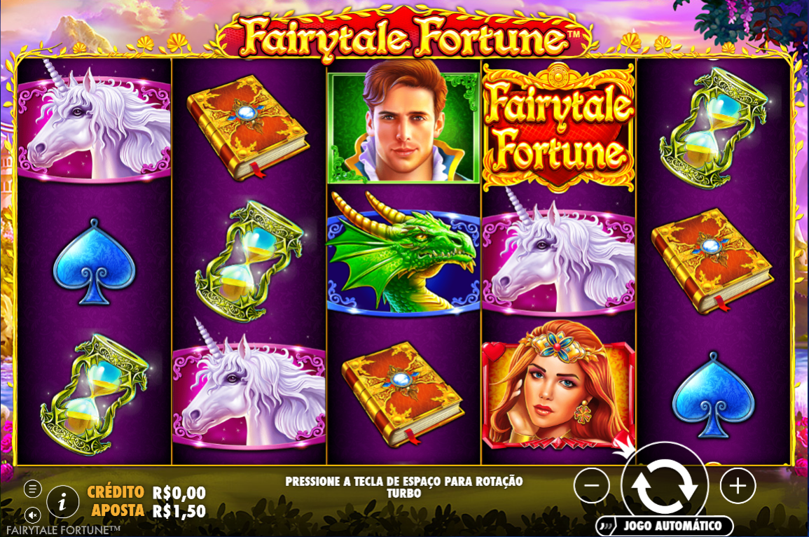 Interface do slot Fairytale Fortune apresentando símbolos de unicórnio, ampulheta, livro mágico, princesa, príncipe, dragão e símbolos de espadilha.