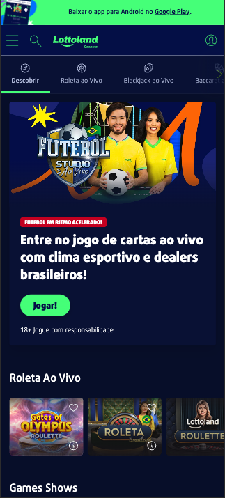 Tela de cassino ao vivo no app Lottoland
