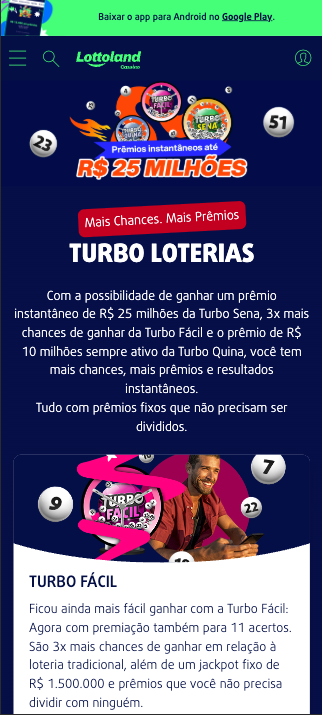 Tela de Turbo Loteria no app Lottoland