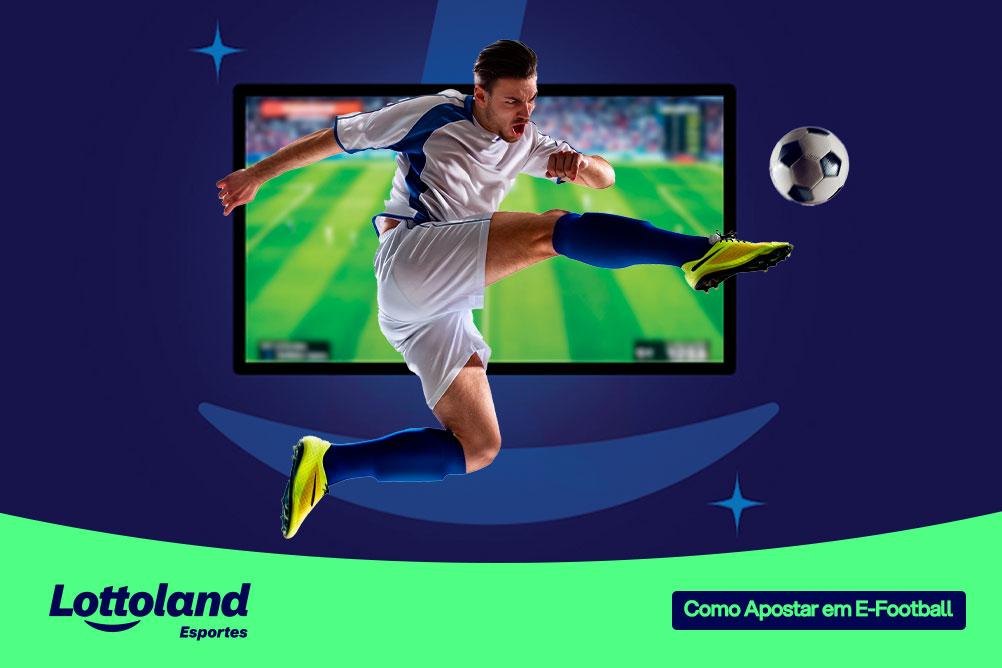 Jogador fazendo um passe trivela à frente, com tela de televisão mostrando o jogo efootball ao fundo, sobre fundo azul-escuro. Lottoland Esporta oferece um guia de apostas para e-futebol.