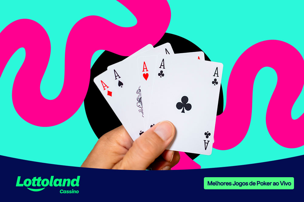 Mão segurando os quatro ases do baralho sobre fundo azul, preto e rosa. Lottoland Cassino apresenta um guia de aposta em jogo de poker ao vivo.